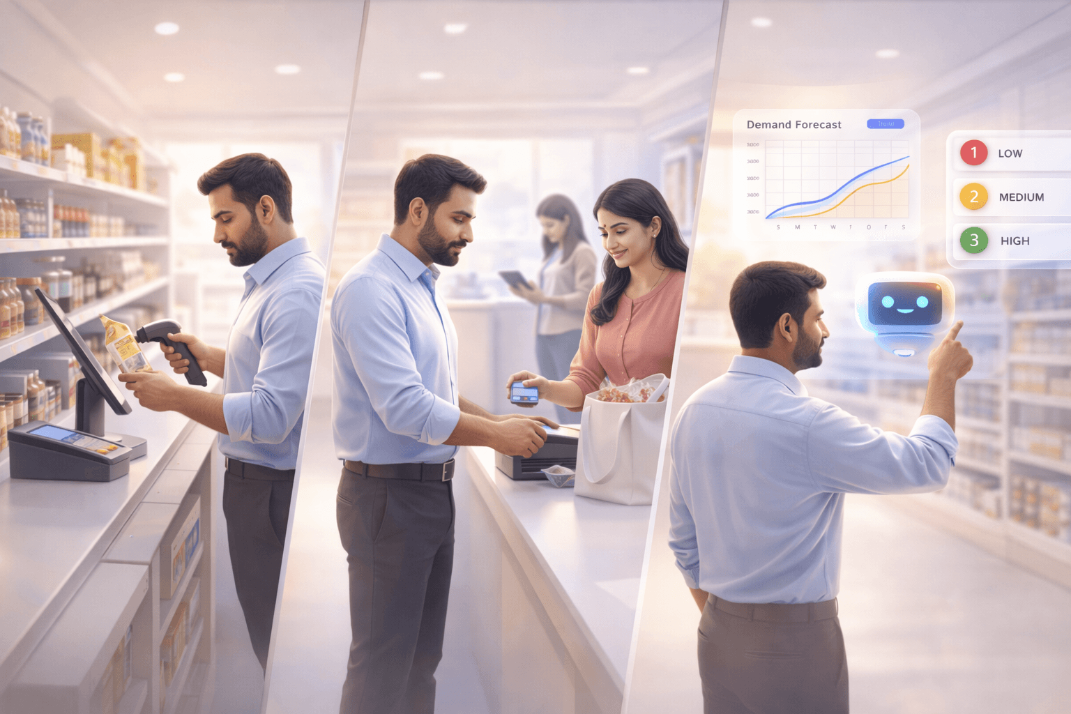 Team workflow showing setup, daily operations, and AI-assisted retail decisions